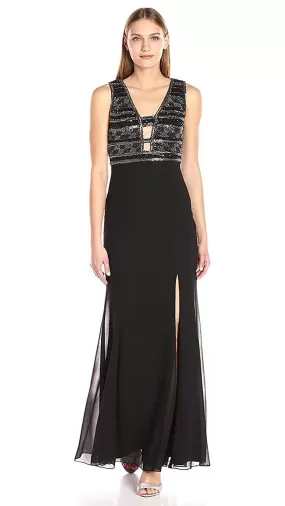 Adrianna Papell - AP1E201342 Ornate Plunging Sheath Dress in Black - 1 Pc Black in Size 16 Available