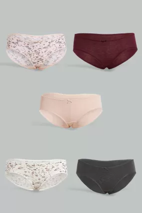 Assorted Floral And Plain Boyleg Briefs For Women (Pack of 5)