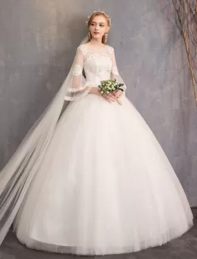 Ball Gown Wedding Dresses Tulle Jewel 3/4 Length Sleeve Floor Length Princess Bridal Gown