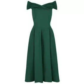 Emerald Green Cap Sleeve Crossover Bardot Neckline 50s Swing Dress