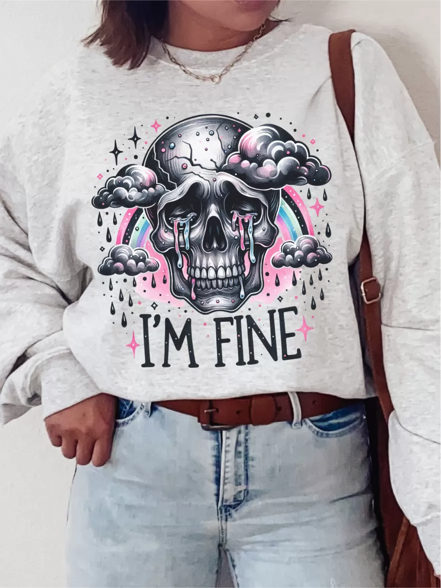 I'm Fine Skull ~ Unisex T-shirts, Sweatshirts, Raglans and Tank Tops Relaxed Fit Printed In The USA