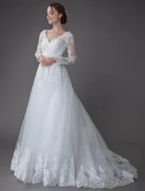 Lace Wedding Dresses Ball Gown V Neck Long Sleeve Backless Princess Bridal Dress Exclusive