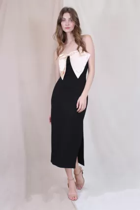 Marlee Bow Strapless Column Cocktail Midi Dress-  Black/Ivory