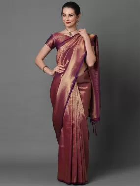 Odette Women Wine Party Wear Kanjivaram Silk Woven Design Saree With Unstitched Blouse