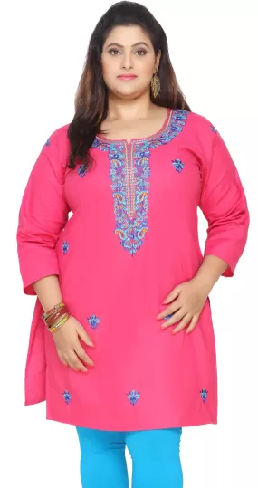 Plus Size Womens Indian Cotton Tunics Kurti Long Top Apparel (Pink)