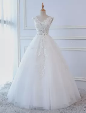 Princess Wedding Dresses Ball Gowns Lace V Neck Sleeveless Floor Length Bridal Gowns