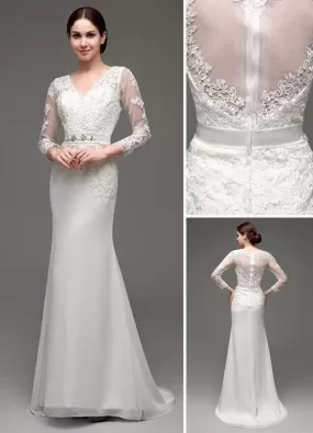 Sheath/Column Long Sleeves Illusion Back V-Neck Bridal Gown With Rhinestone Sash