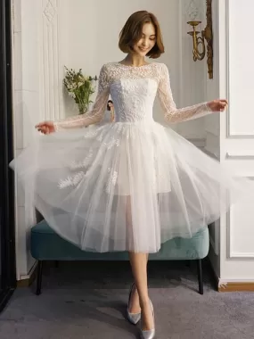 Short Wedding Dresses White Lace Long Sleeve Illusion Tea Length Bridal Dress