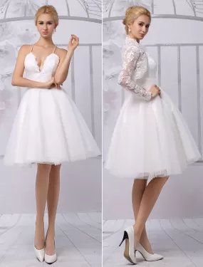 Tulle Knee-Length Spaghtti A-Line Wedding Dress With Long-Sleeves Lace Wrap Exclusive