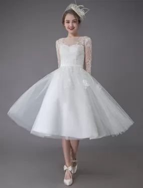 Vintage Wedding Dresses Tulle Bateau 3/4 Length Sleeve A Line Bridal Gown Short Bridal Dress Exclusive